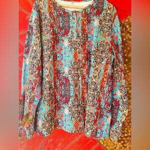 New Boho Printed Long-Sleeve Top in Turquoise & Red 3XL